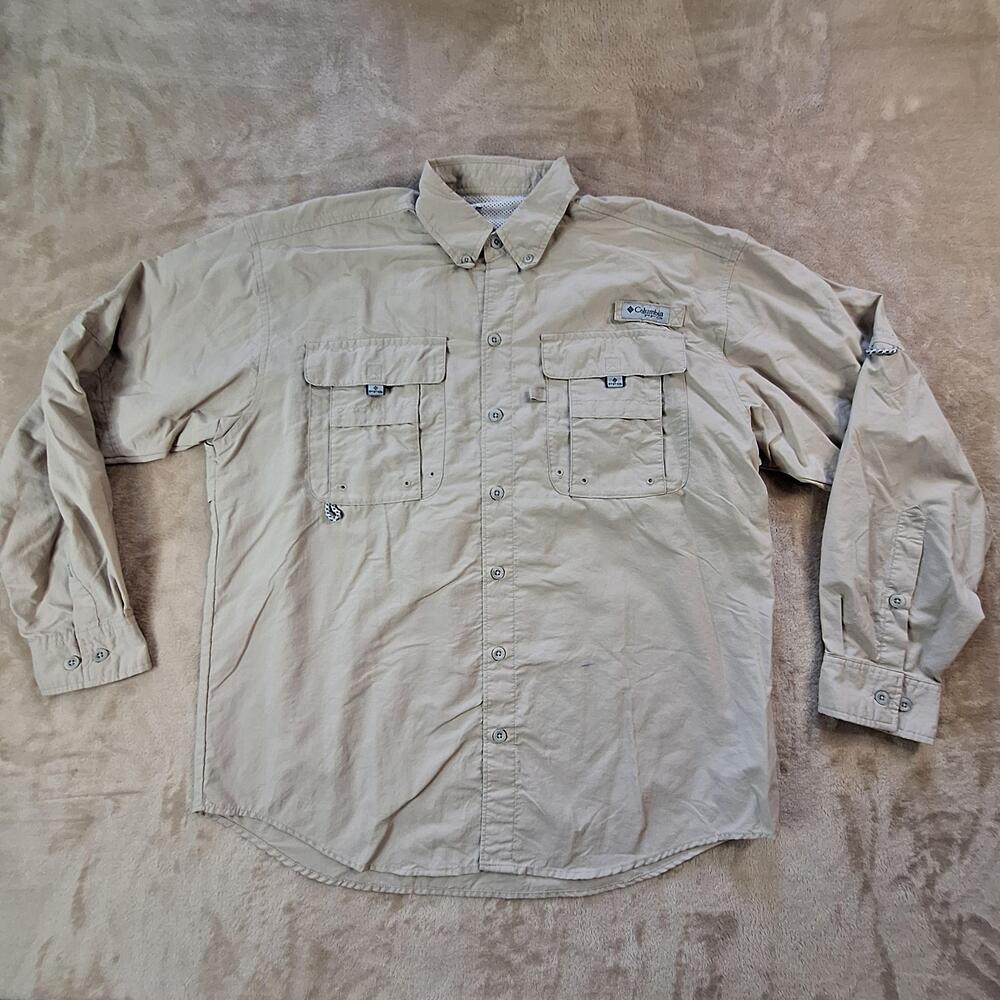 Columbia PFG Omni-Shade Shirt Mens XL Beige Fishing Vented Long Sleeve Outdoor